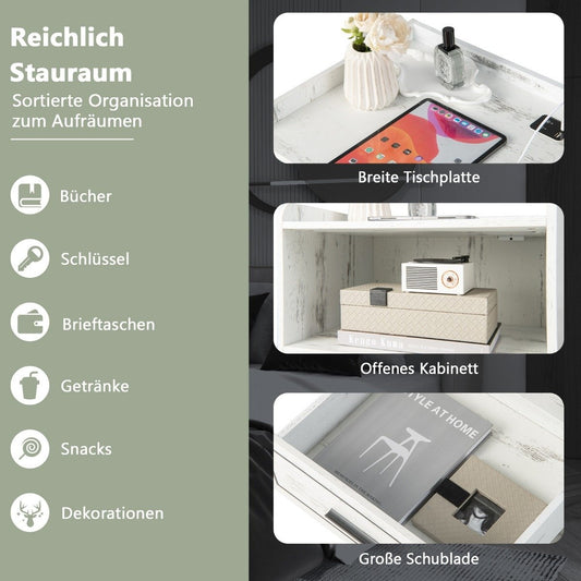 LED bedside table Intelligent nightstand with 2 USB ports White