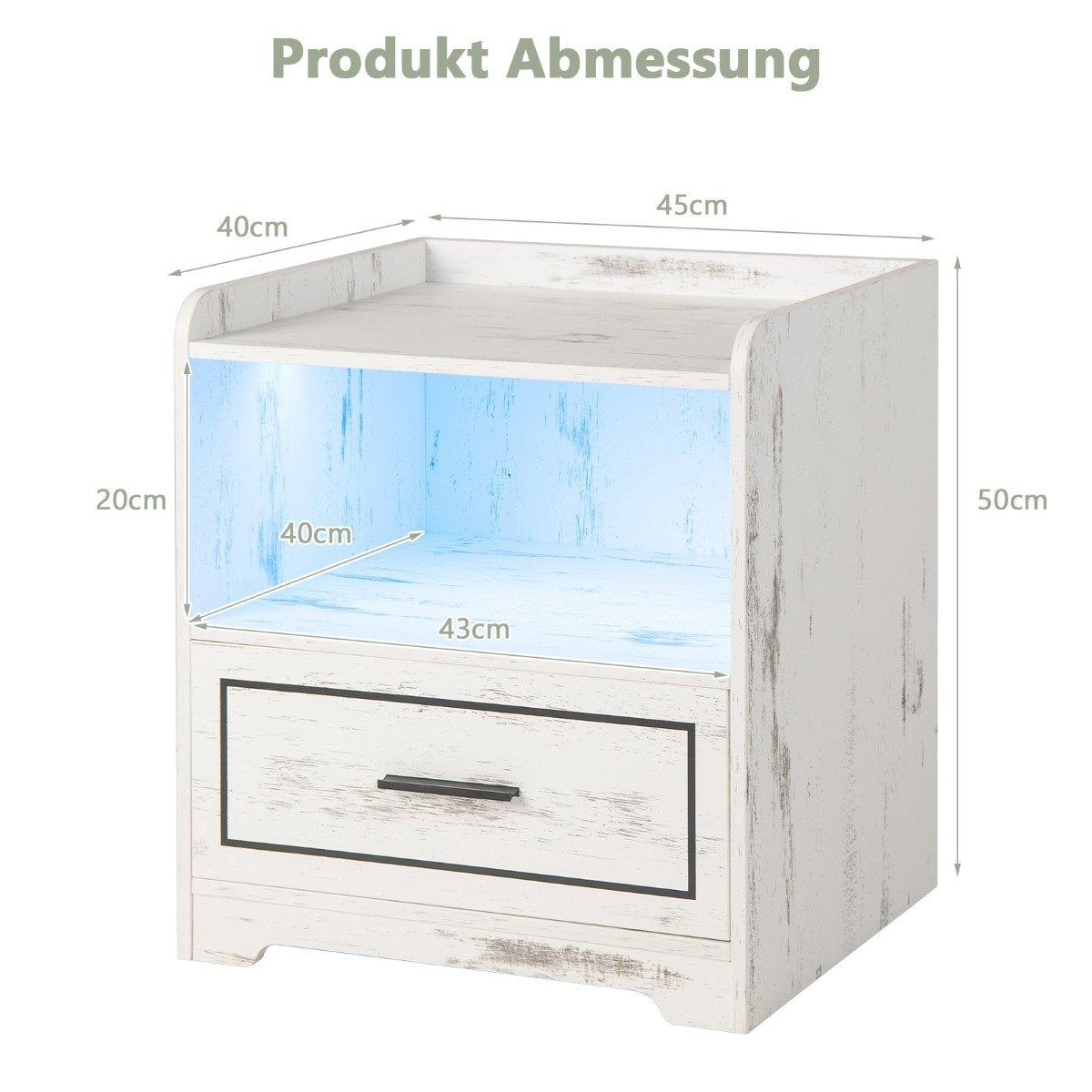 LED bedside table Intelligent nightstand with 2 USB ports White
