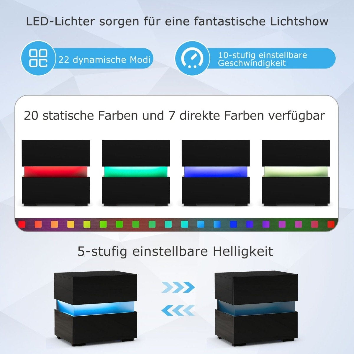 LED bedside table with 2 drawers & remote control & dynamic/static illuminated nightstand