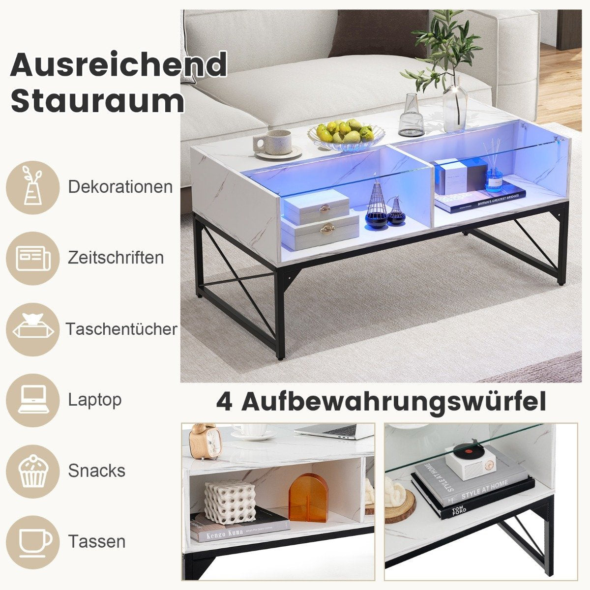 LED coffee table with marble look &amp; Adjustable light colors &amp; Brightness living room table white