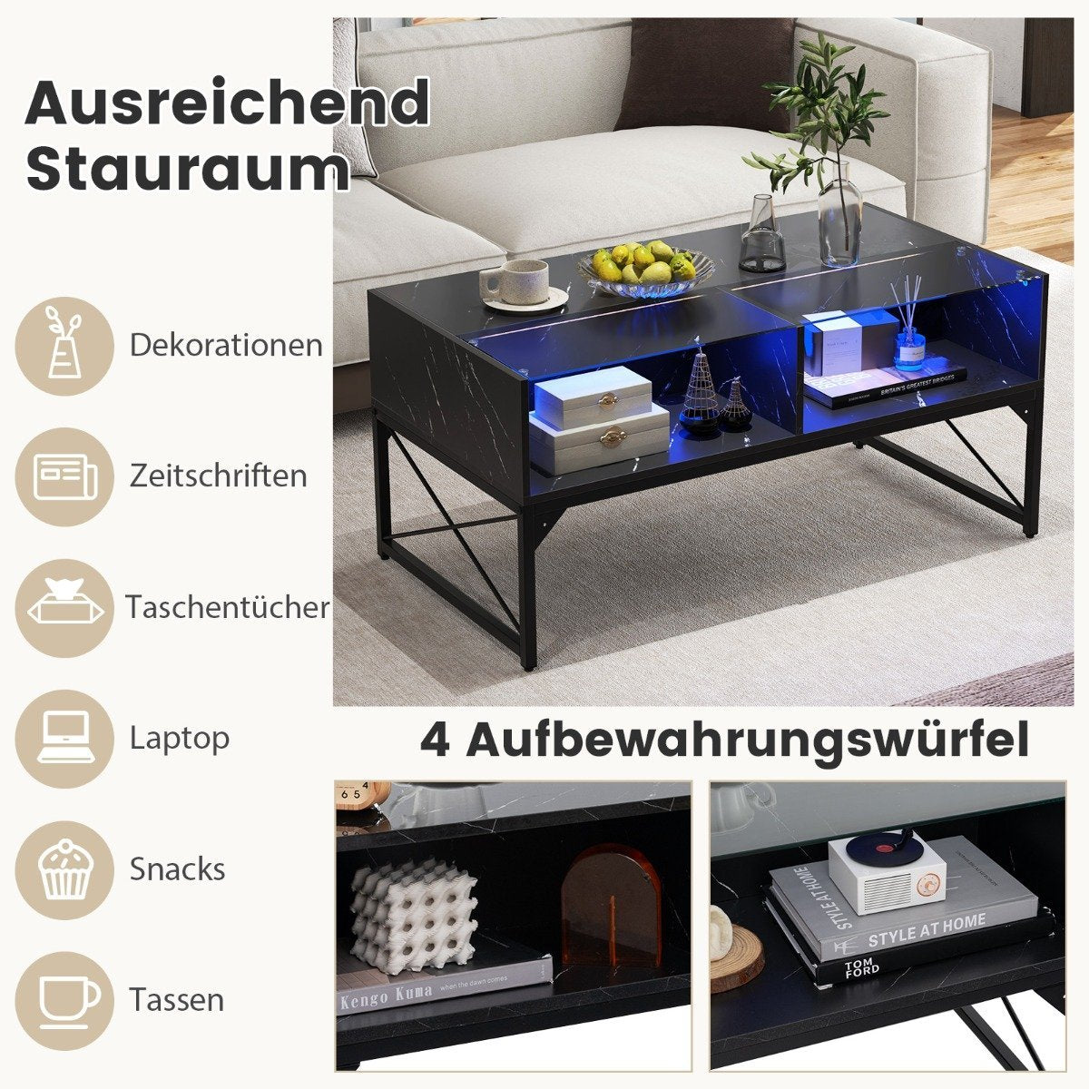 LED coffee table with marble look &amp; adjustable light colors &amp; Brightness living room table black