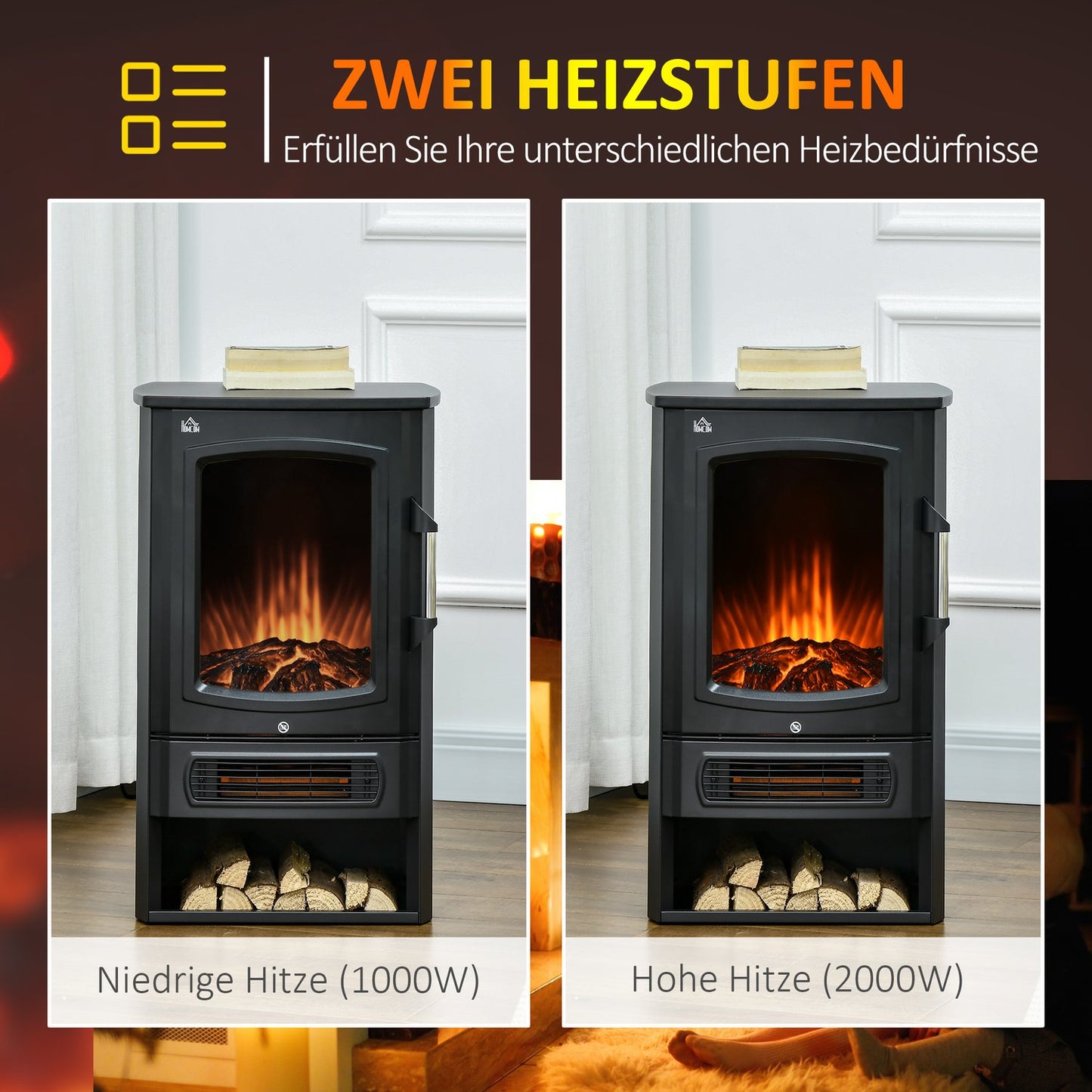 LED electric stove heater with Flame effect, 2 heat levels