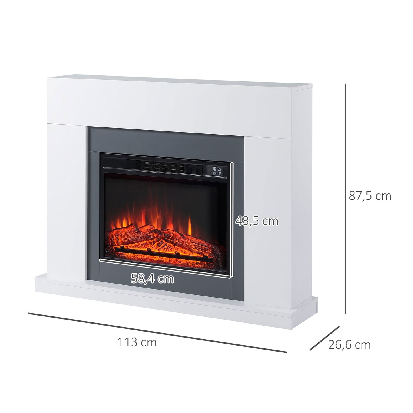Freestanding LED Electric fireplace, Flame effect, MDF, White