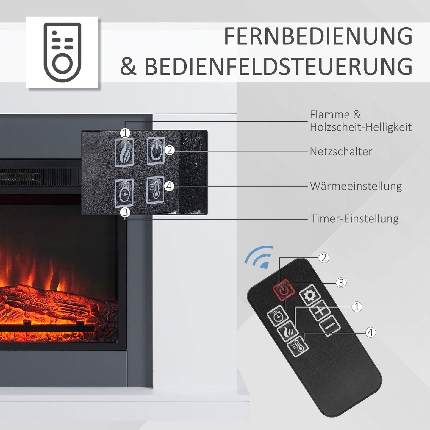 Freestanding LED Electric fireplace, Flame effect, MDF, White