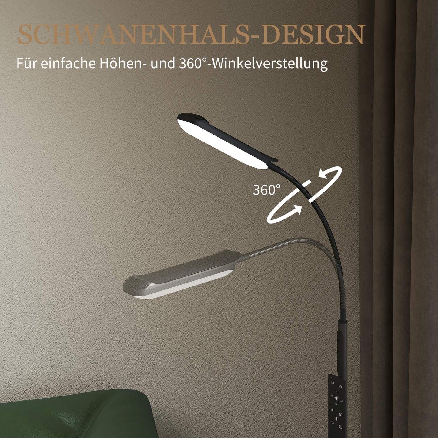 LED floor lamp, 5 modes, memory function, adjustable brightness, steel, black