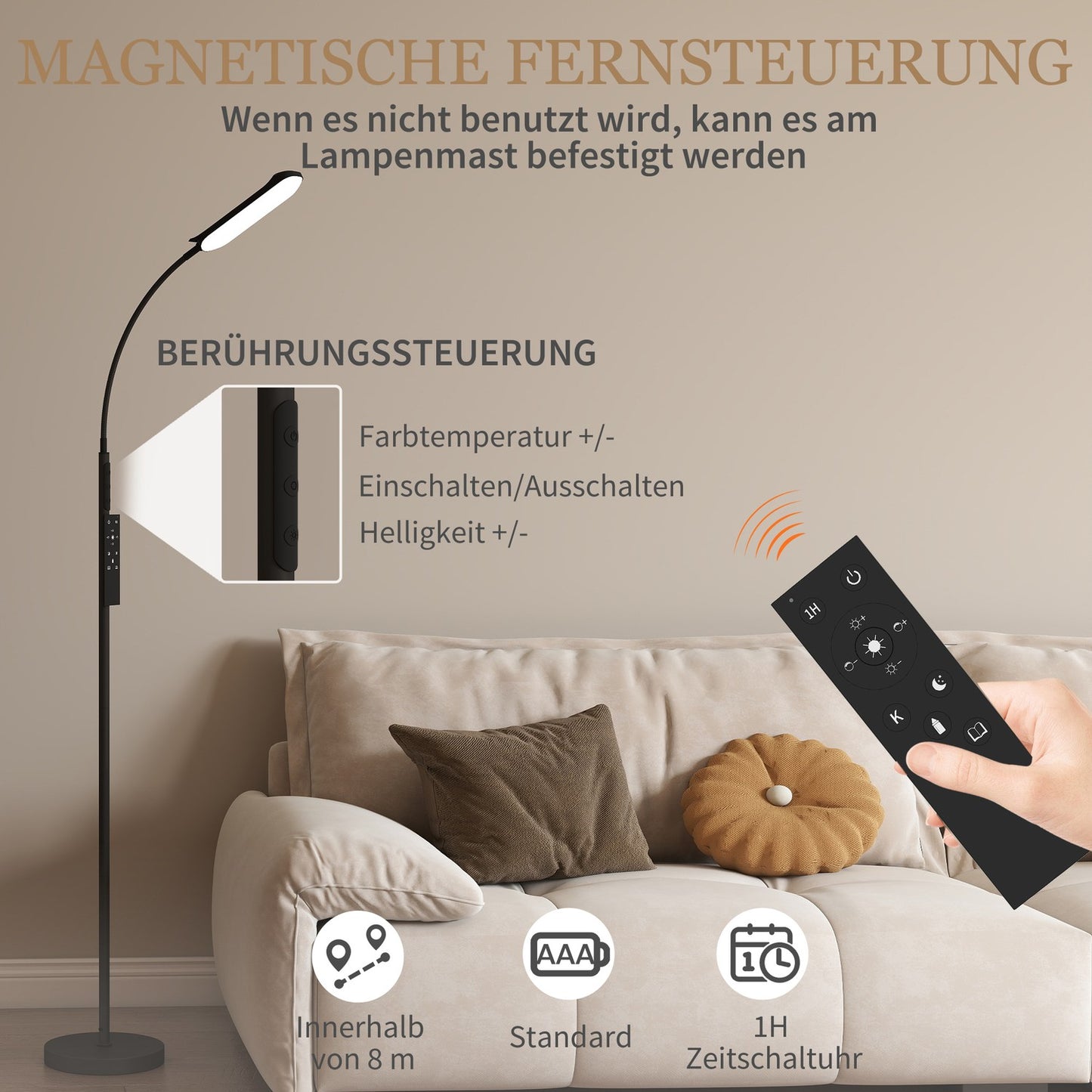 LED floor lamp, 5 modes, memory function, adjustable brightness, steel, black