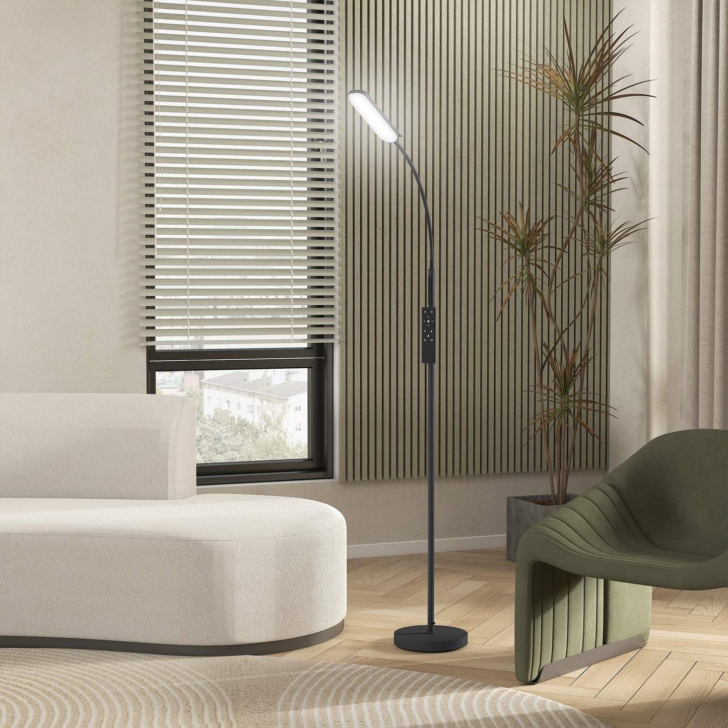 LED floor lamp, 5 modes, memory function, adjustable brightness, steel, black