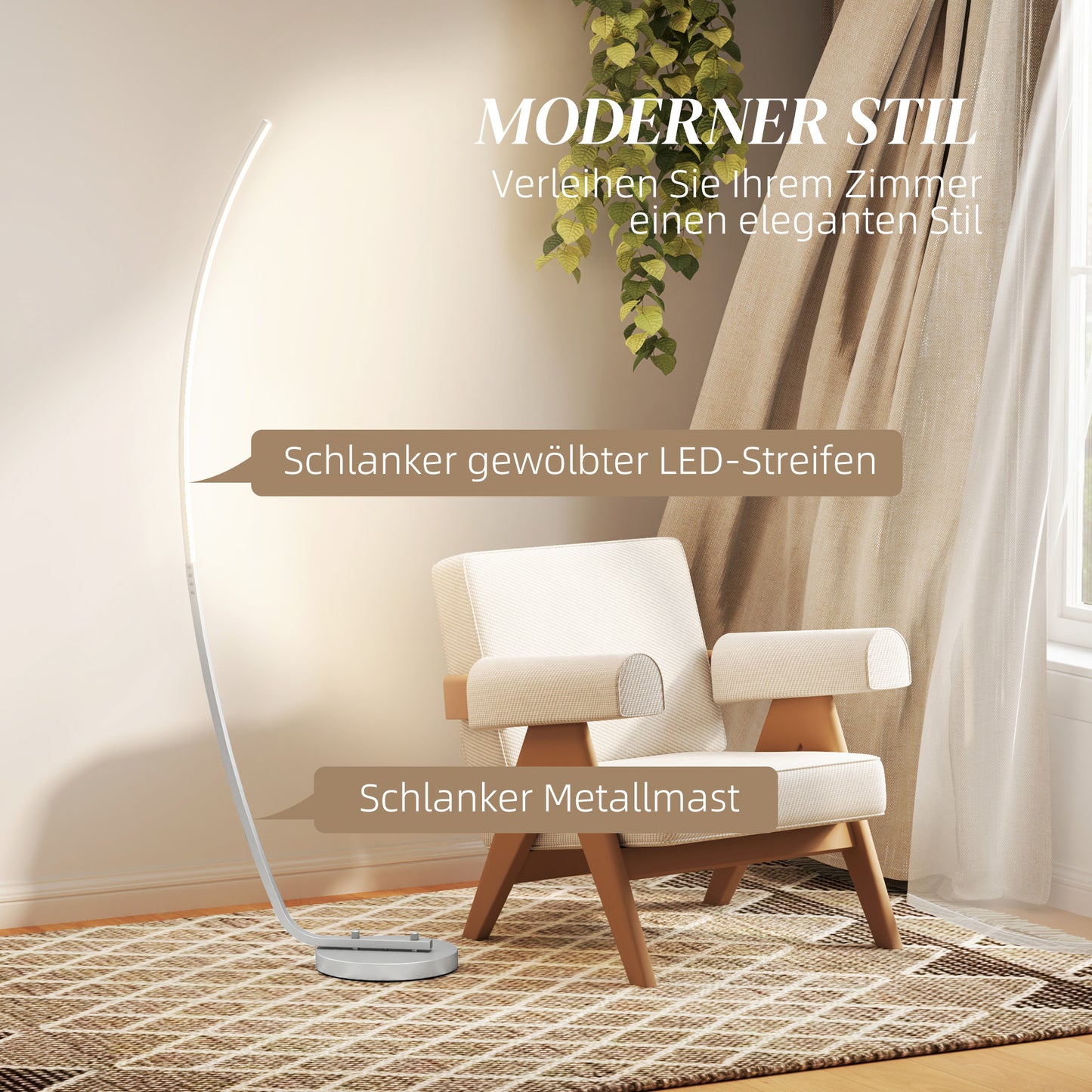 Dimmable silver floor lamp with adjustable brightness