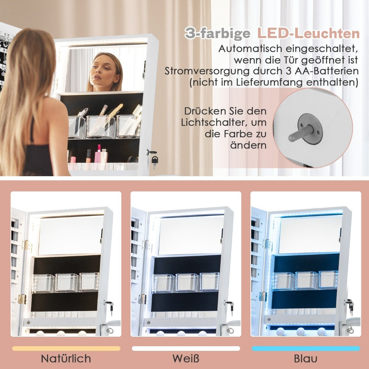 LED jewelry cabinet with full-length mirror and make-up mirror 41 x 37 x 156 cm white