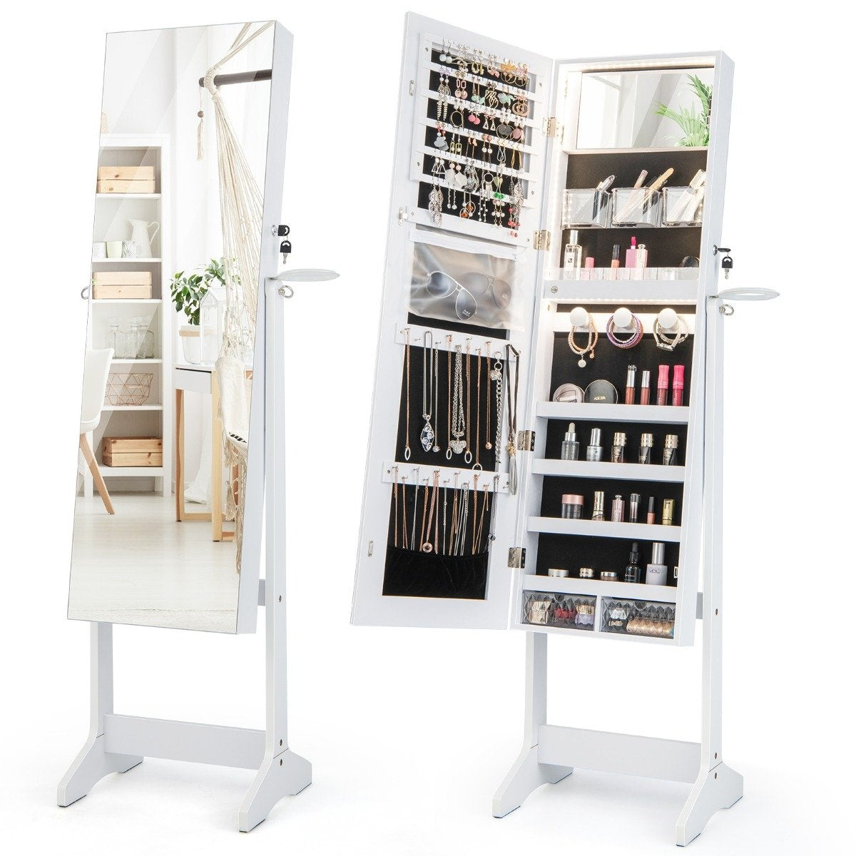 LED jewelry cabinet with full-length mirror and make-up mirror 41 x 37 x 156 cm white