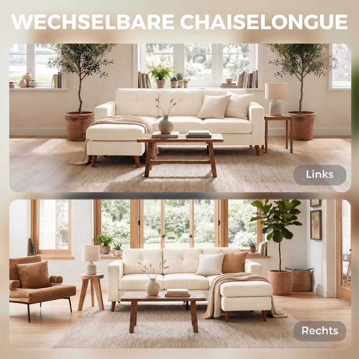 L-Shape Sofa with Reversible Chaise, Cord Fabric, Cream White