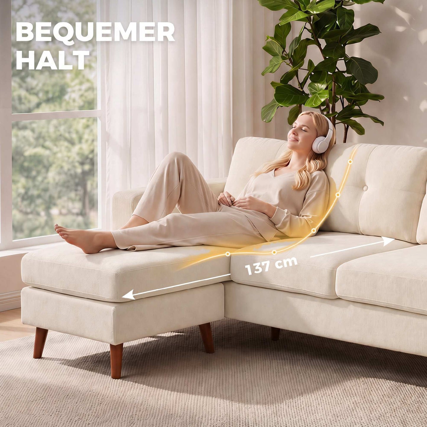 L-Shape Sofa with Reversible Chaise, Cord Fabric, Cream White