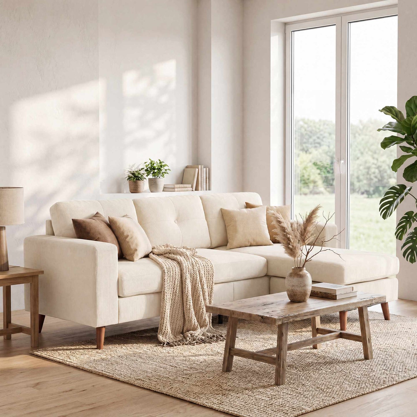L-Shape Sofa with Reversible Chaise, Cord Fabric, Cream White