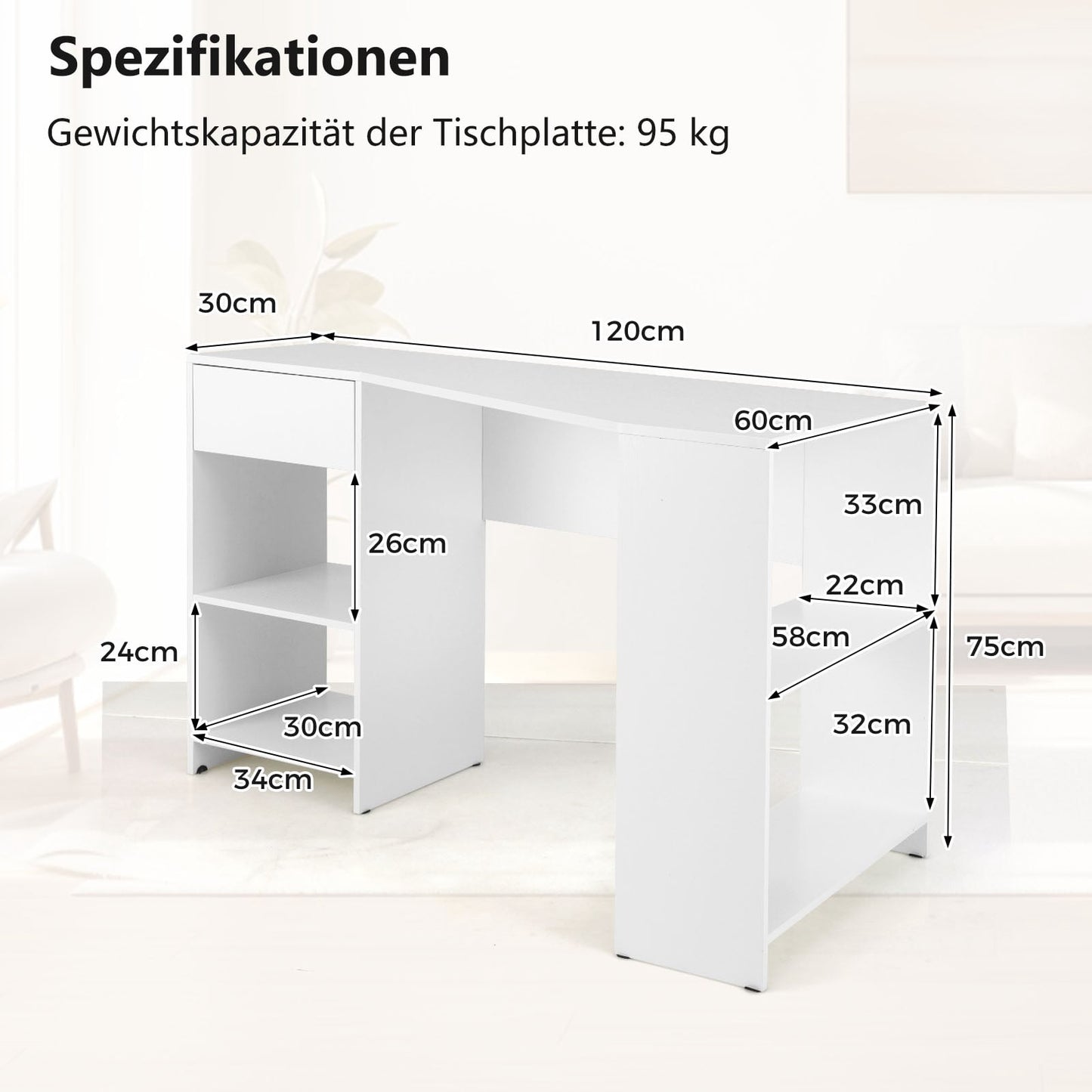 L-Shaped Corner Desk with Drawer & Shelves, White