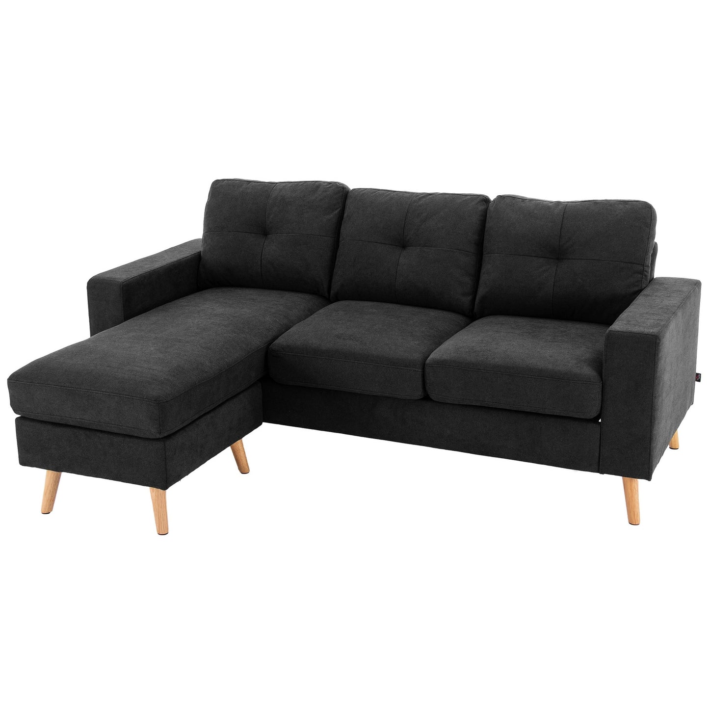 Black L-shaped linen sofa, corner sofa with chaise longue for 3