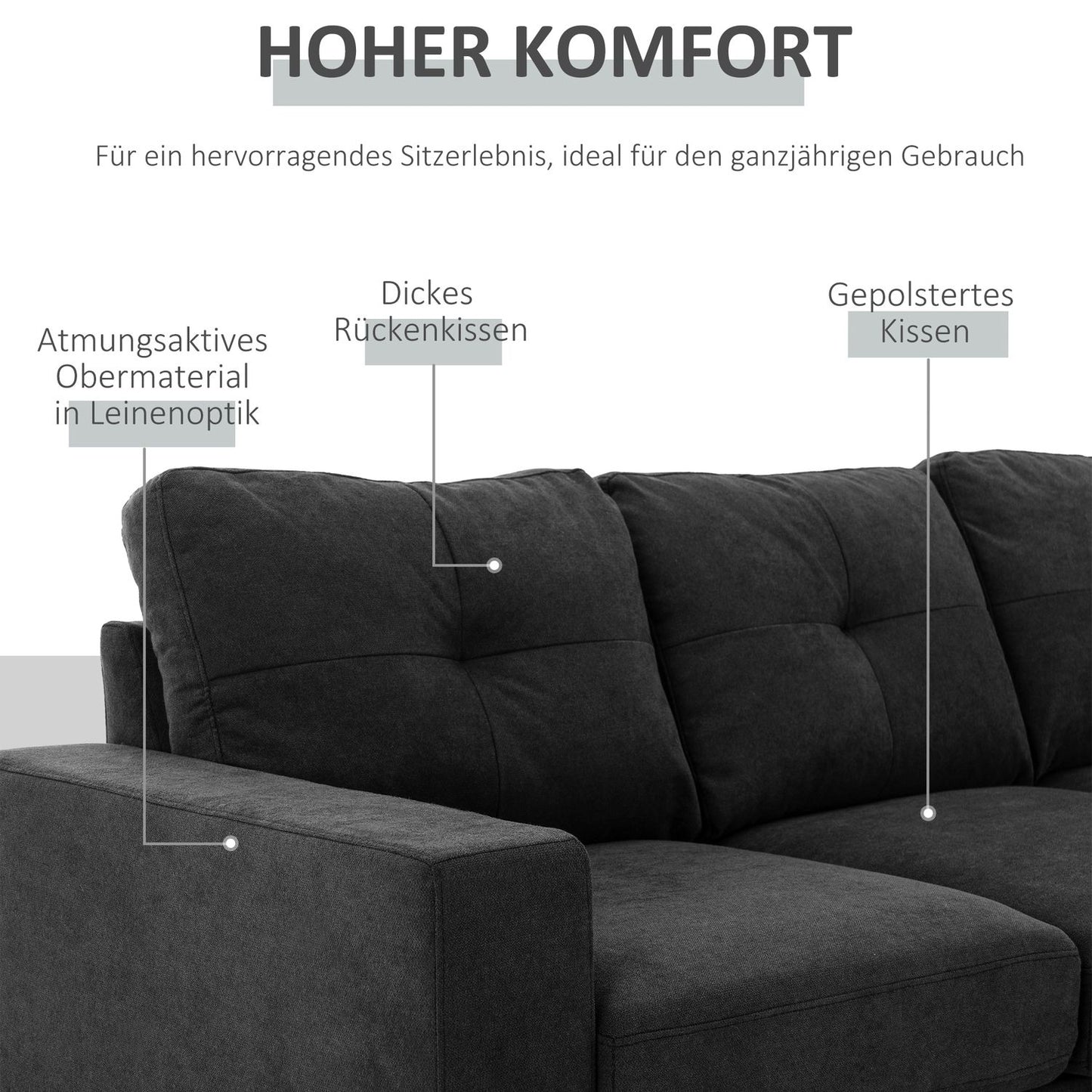 Black L-shaped linen sofa, corner sofa with chaise longue for 3
