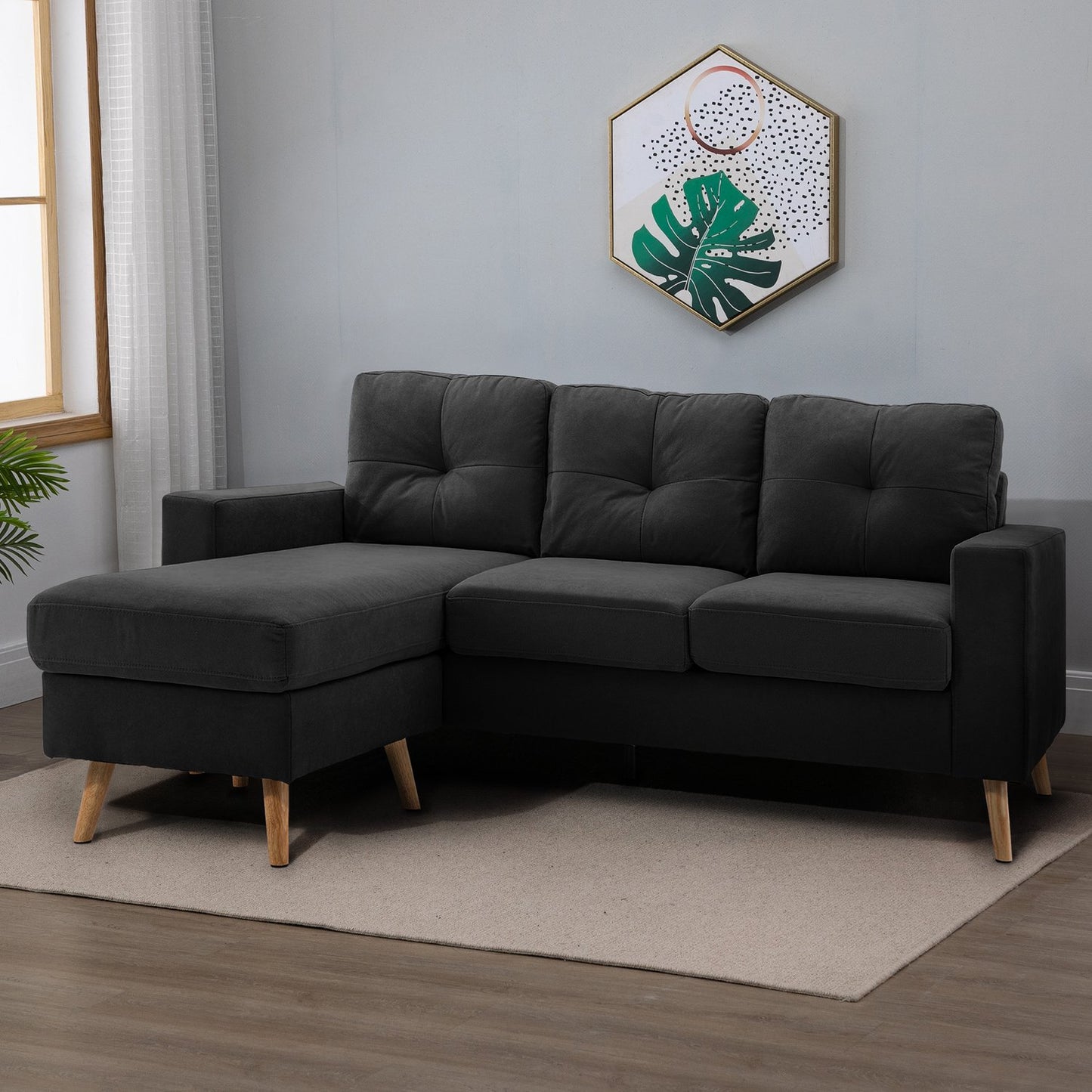Black L-shaped linen sofa, corner sofa with chaise longue for 3