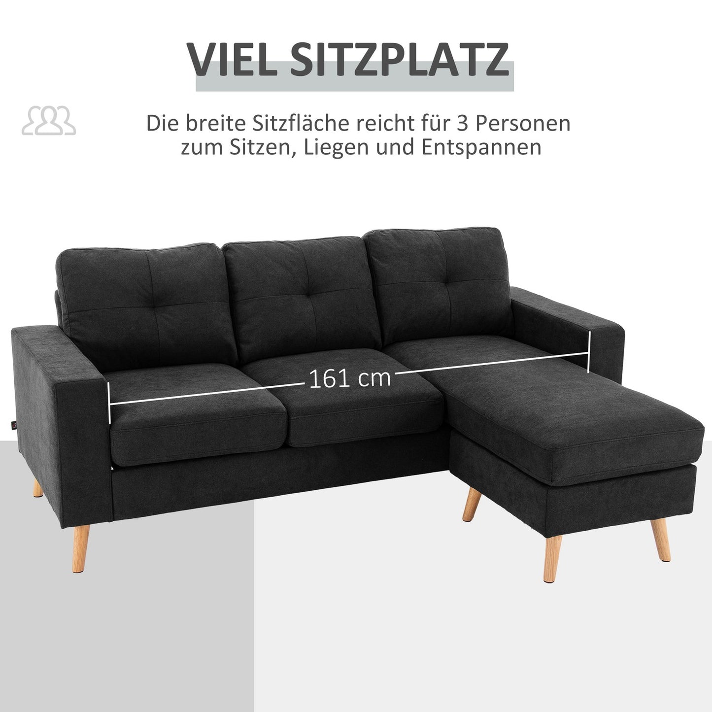 Black L-shaped linen sofa, corner sofa with chaise longue for 3