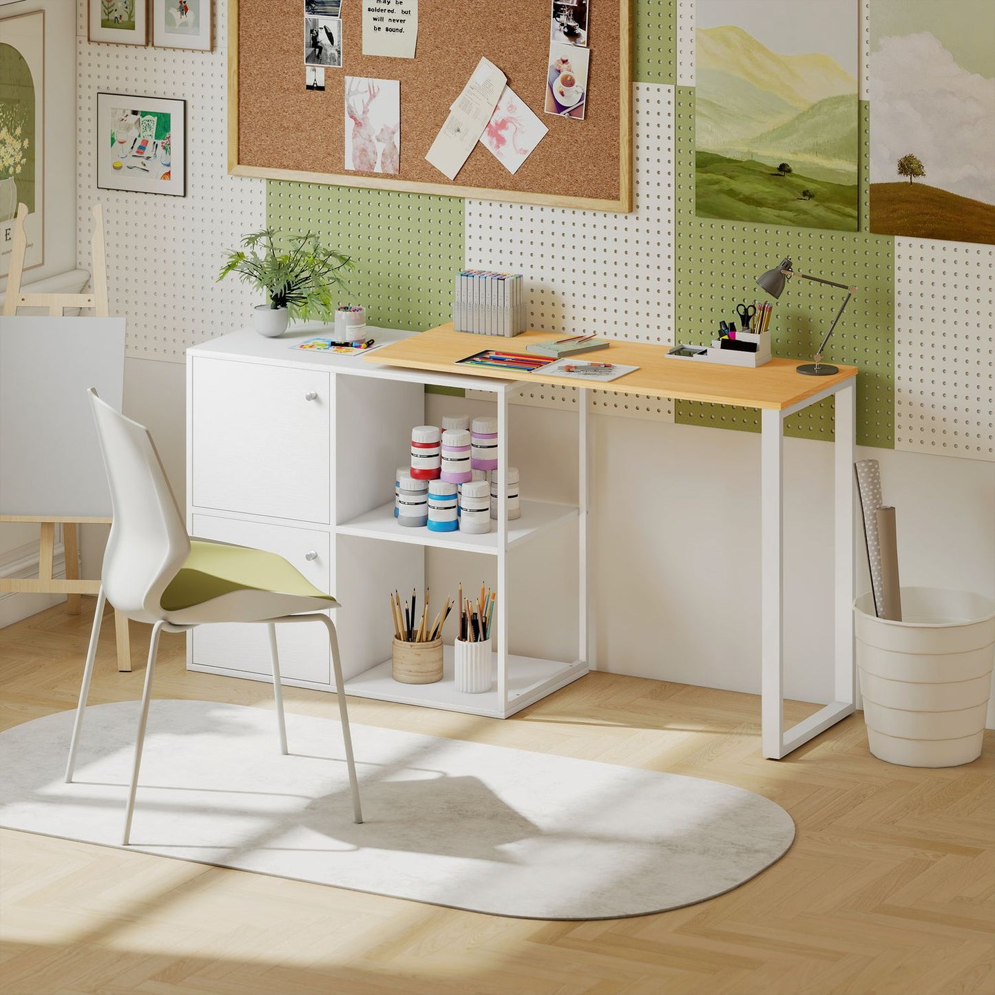 L-Shaped Desk, Rotating Corner, 2 Cabinets, 2 Shelves, 150x40x75 cm, White