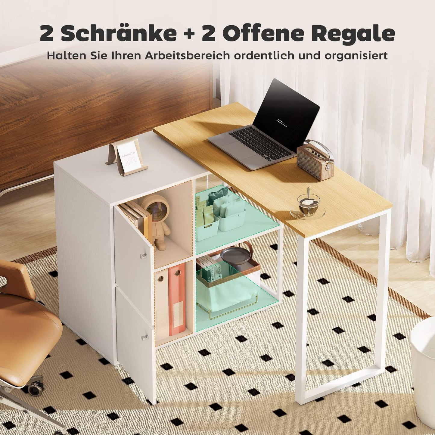 L-Shaped Desk, Rotating Corner, 2 Cabinets, 2 Shelves, 150x40x75 cm, White