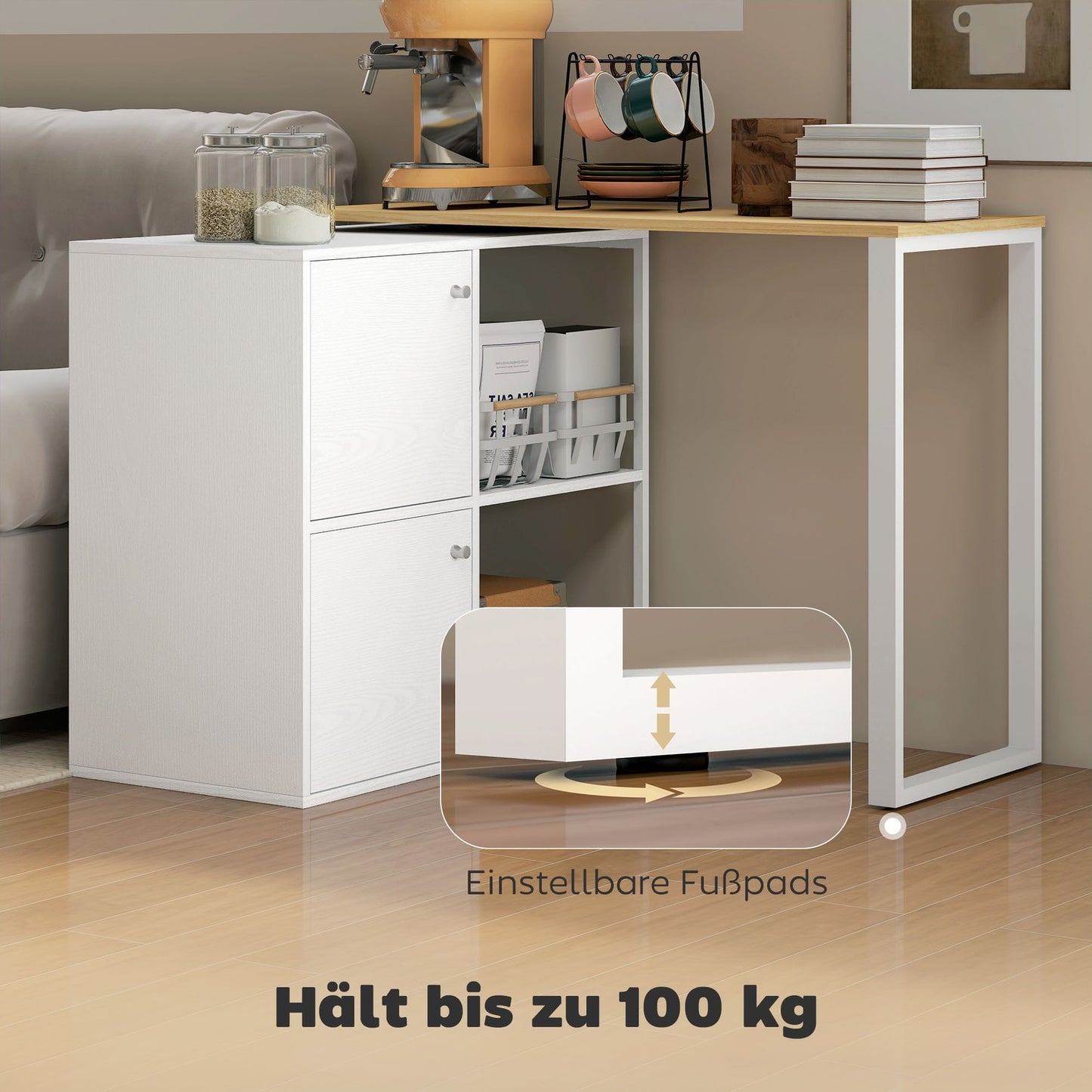 L-Shaped Desk, Rotating Corner, 2 Cabinets, 2 Shelves, 150x40x75 cm, White