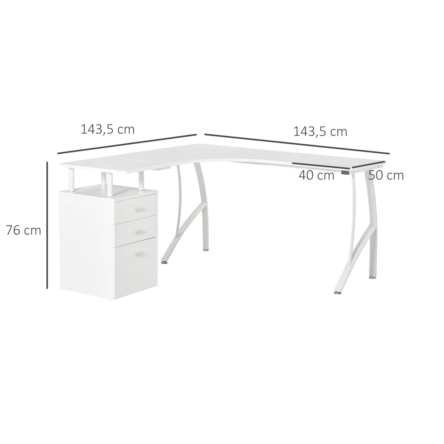 L-shaped desk with drawers, industrial metal, white