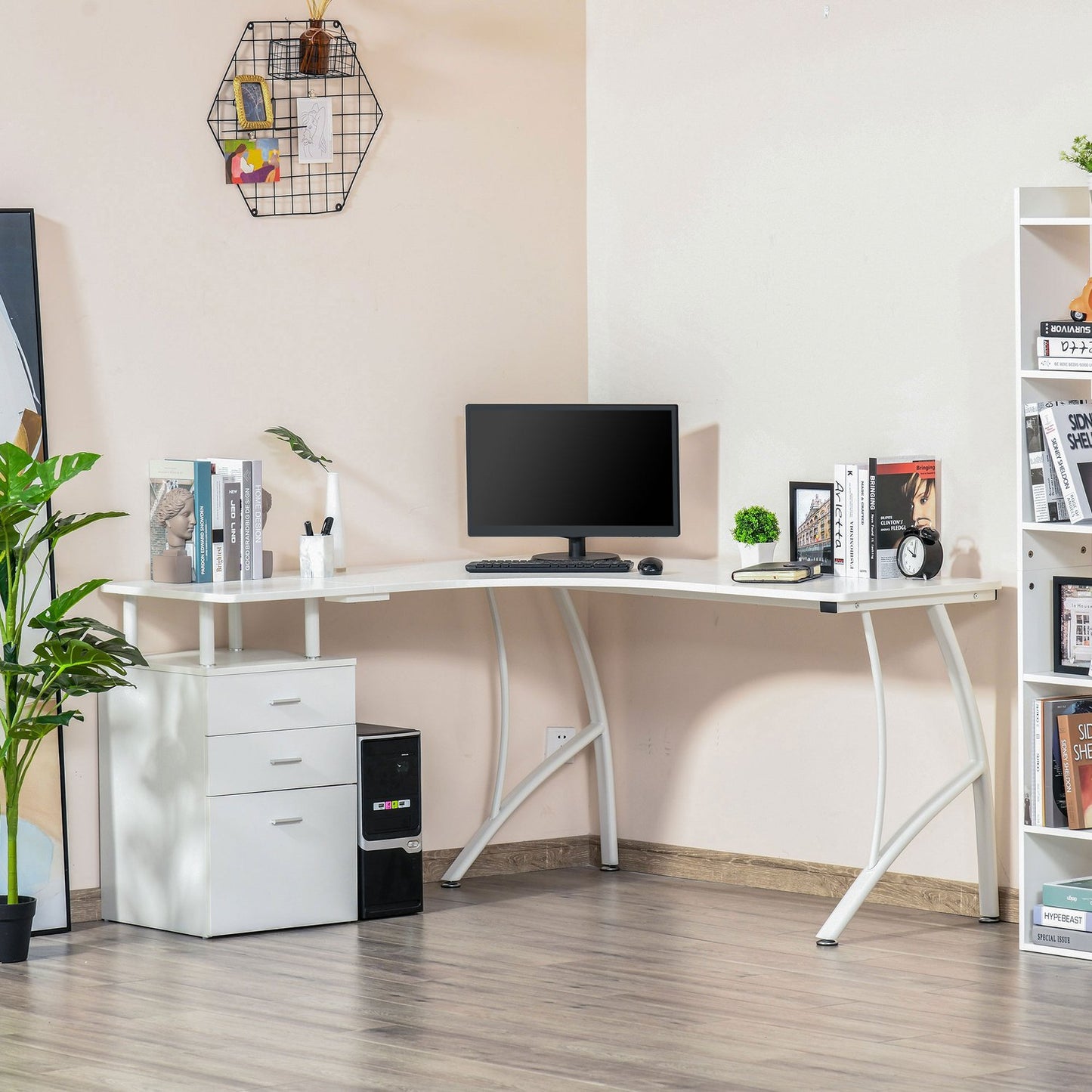 L-shaped desk with drawers, industrial metal, white