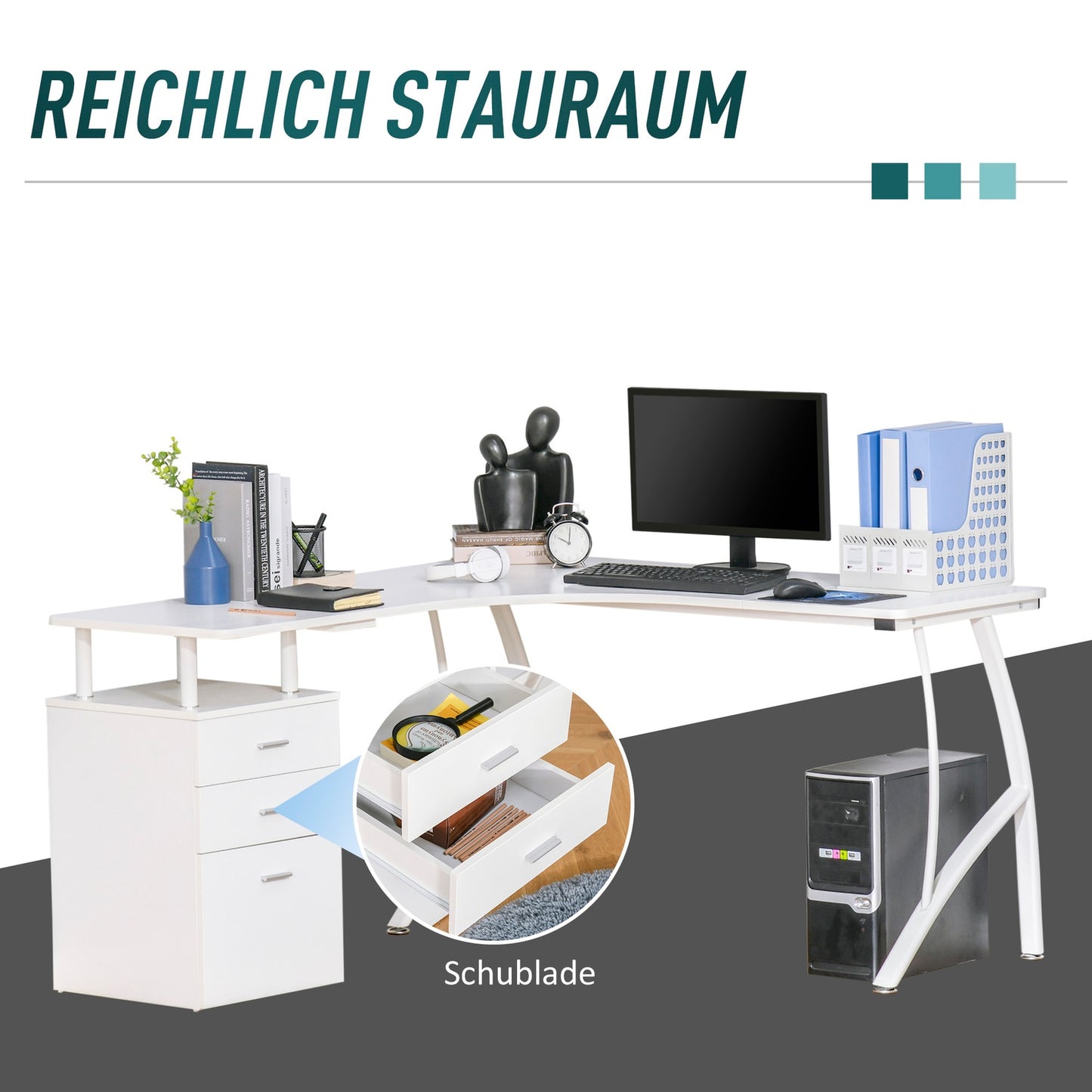 L-shaped desk with drawers, industrial metal, white