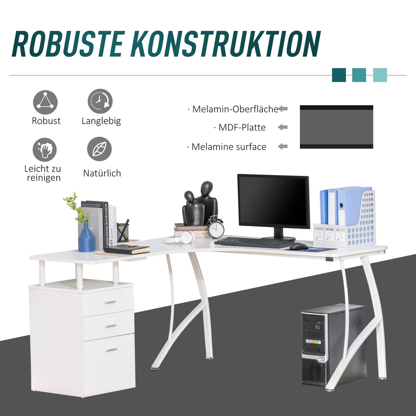 L-shaped desk with drawers, industrial metal, white