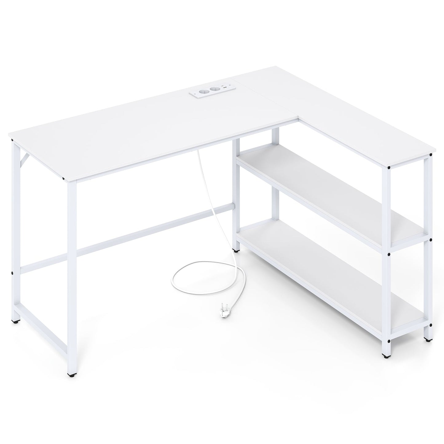 L-Shaped Desk with Charging Station & Shelves, White