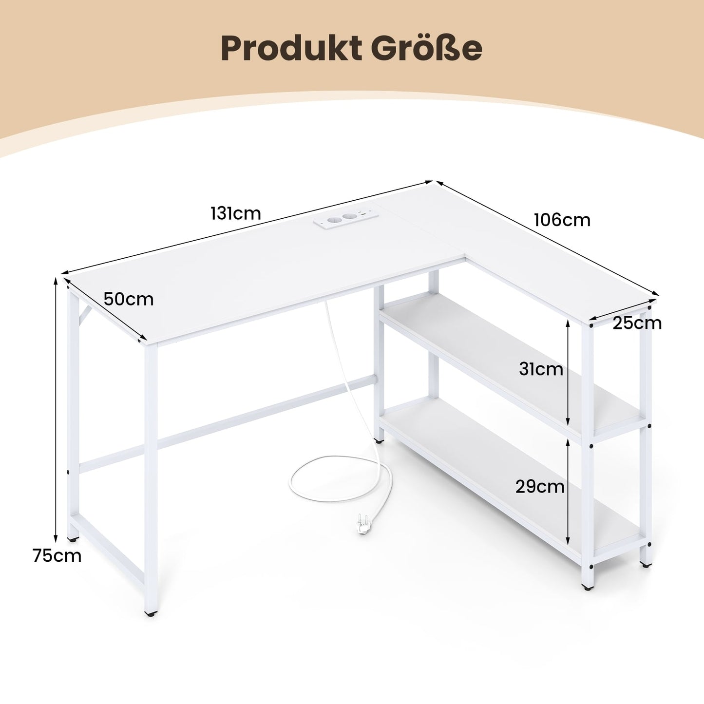 L-Shaped Desk with Charging Station & Shelves, White