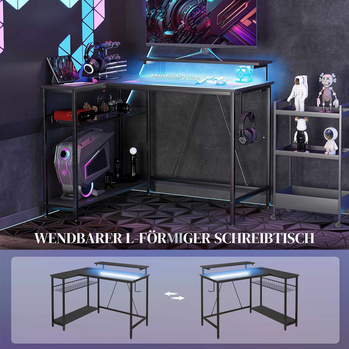 L-Shaped Desk with LED, Outlets, USB, Reversible, Black