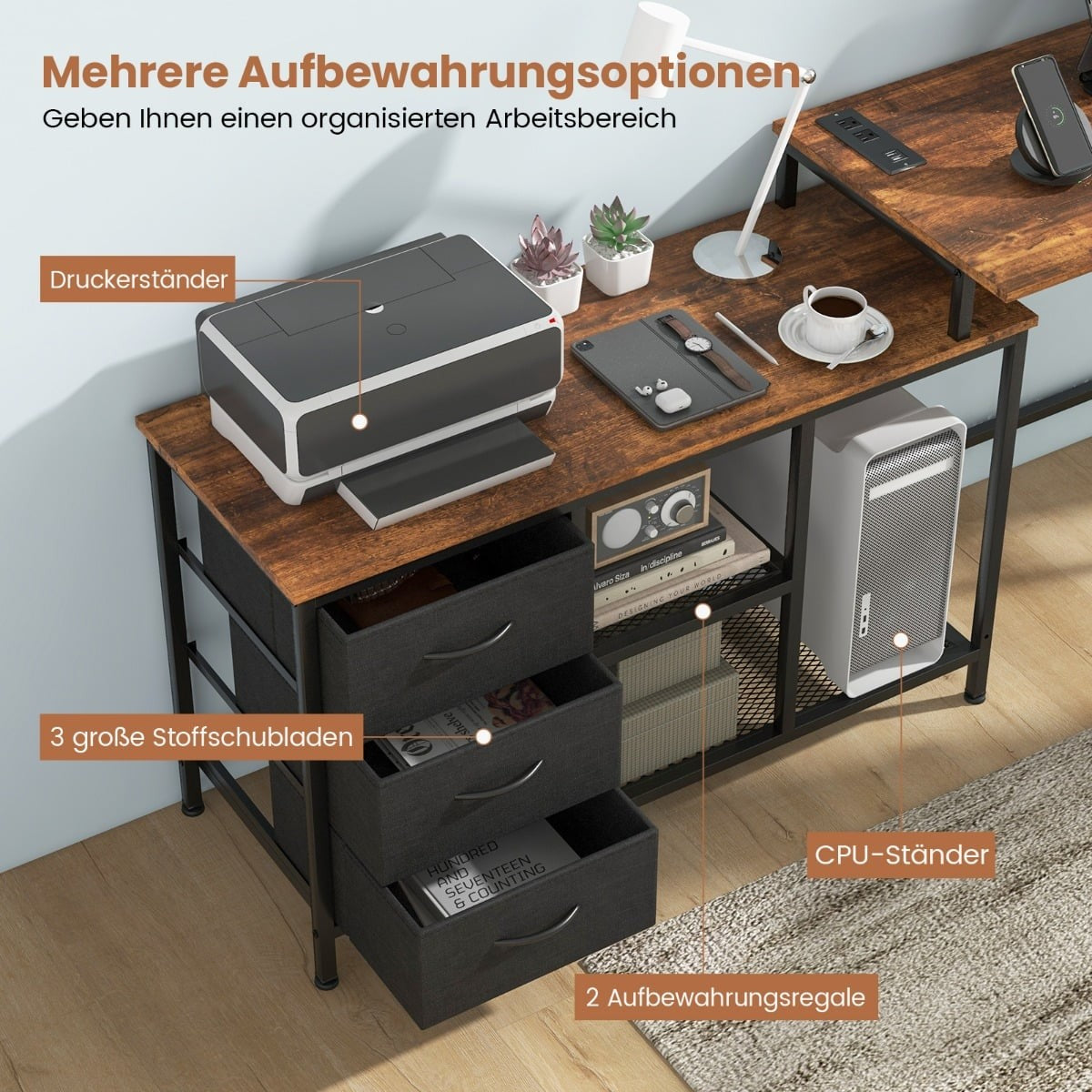 L-Shaped Desk with Power Outlet & Fabric Drawers, Brown