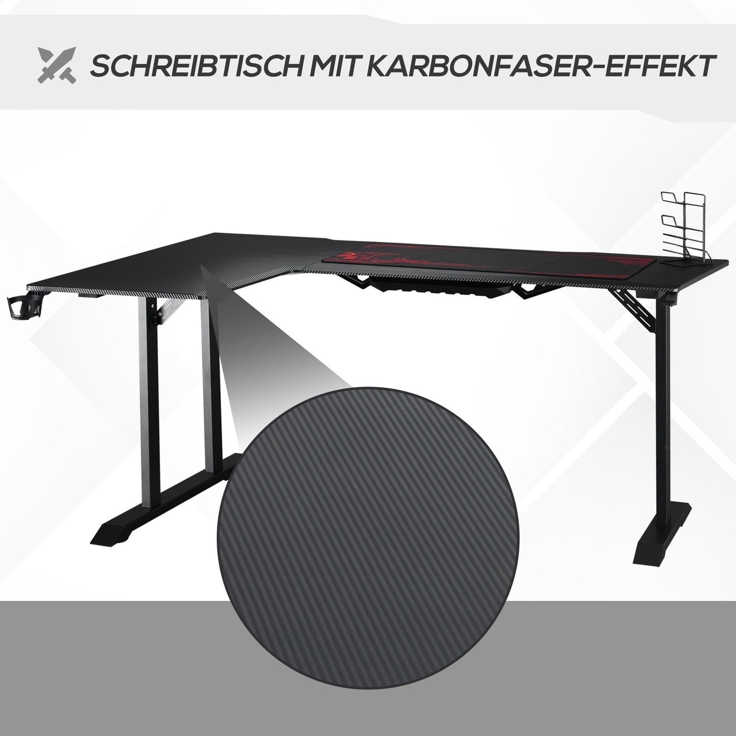 L-shaped game table, black+red, headphone hook, cup holder