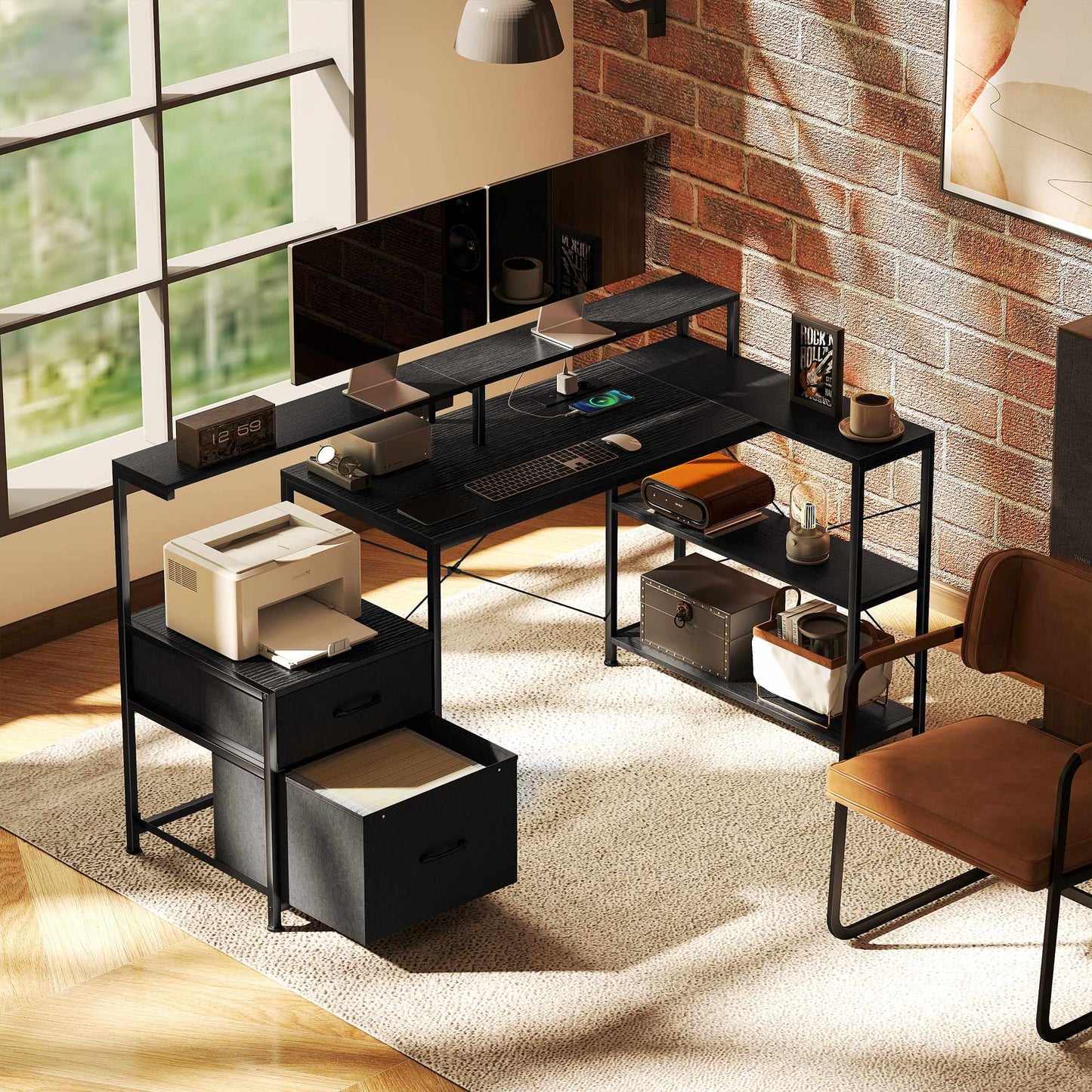 L-Shaped Gaming Desk with LED, Power Outlets, Dual Monitor Stand