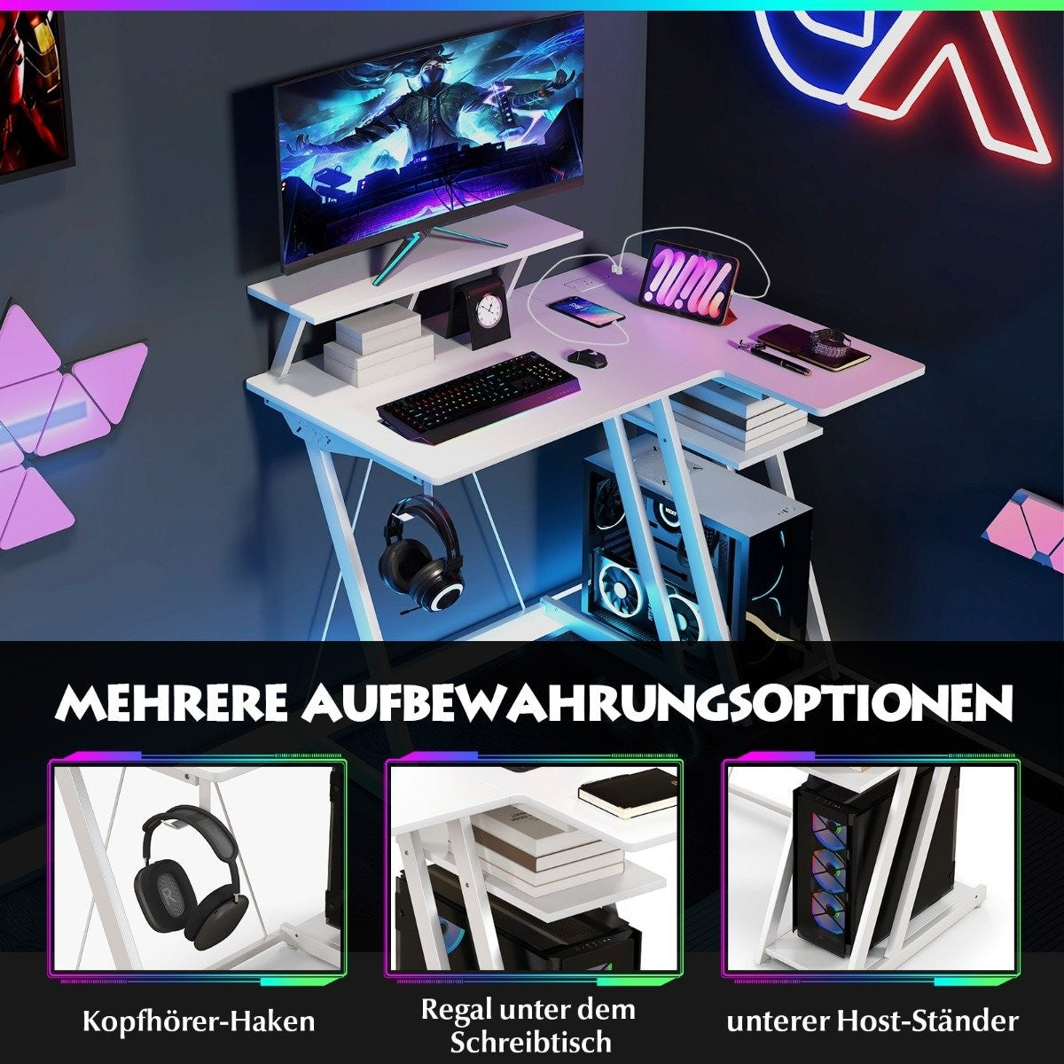 L-Shaped Gaming Desk with Power Outlets & USB Ports