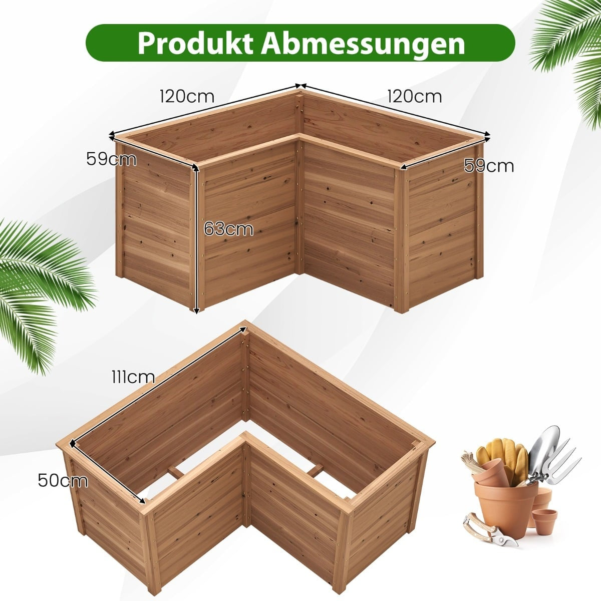 L-Shaped Raised Garden Bed, 120x120x63 cm, Fir Wood