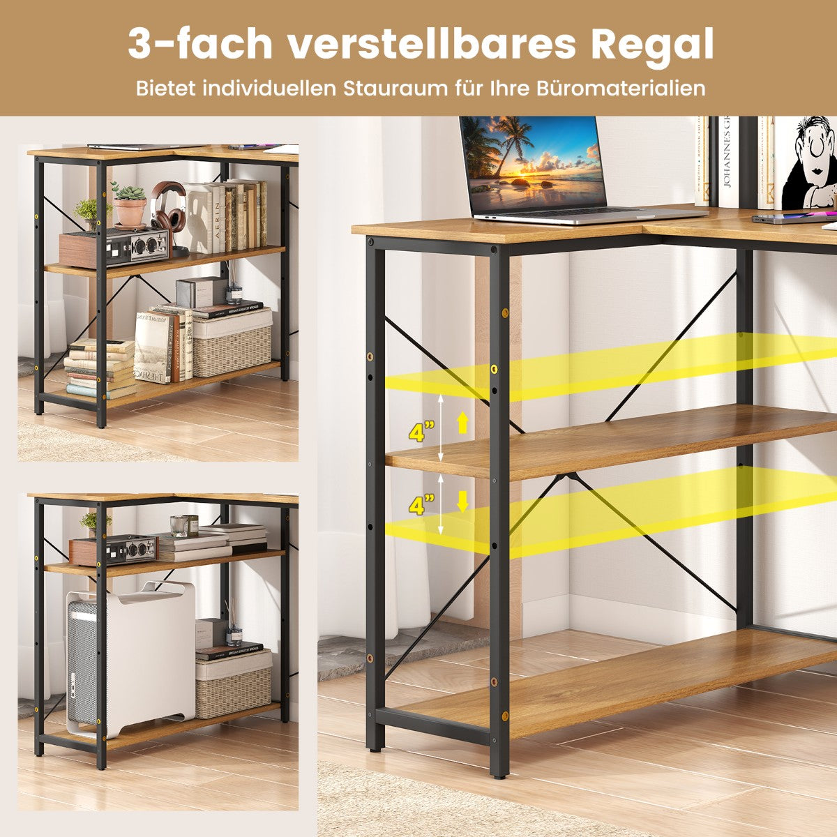 L-Shaped Reversible Corner Desk with Adjustable Shelf