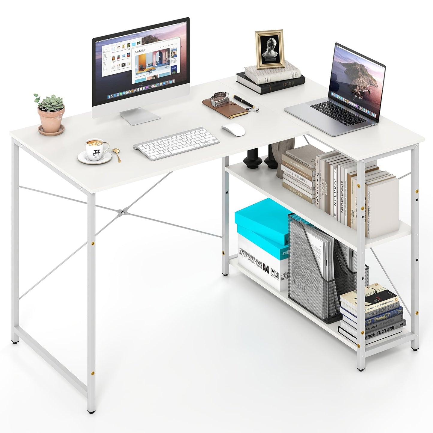 L-Shaped Reversible Corner Desk with Adjustable Shelf, White
