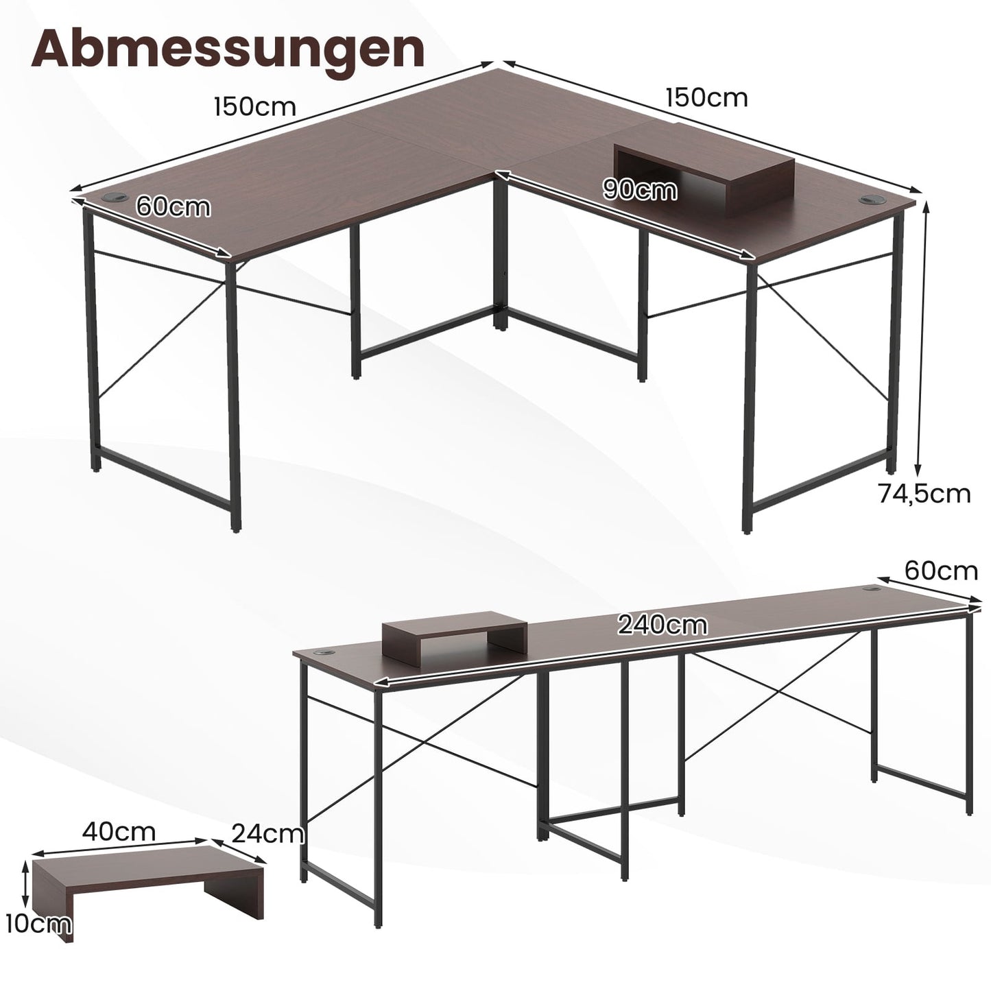 L-Shaped Reversible Desk with Charging Station, Brown