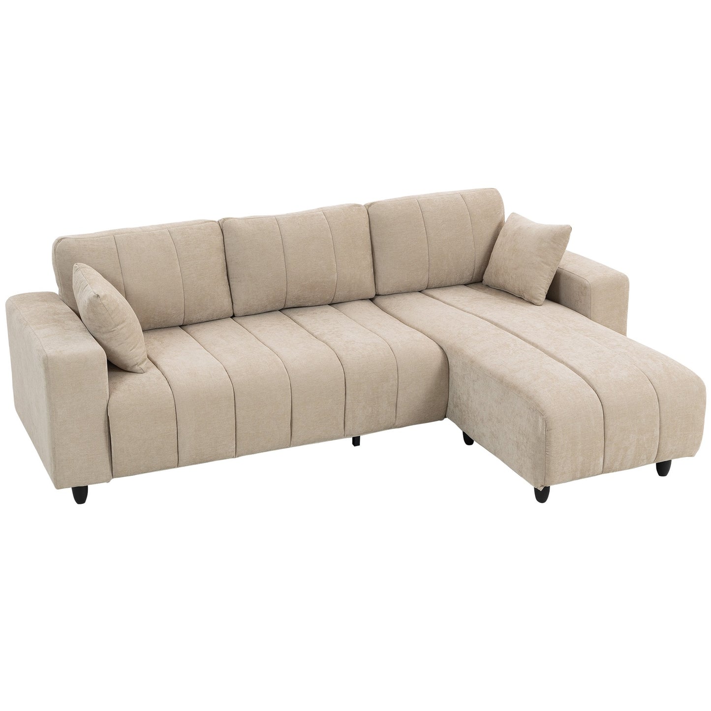 L-Shaped Sectional Sofa, Beige, 3-Seater with Chaise and Cushions
