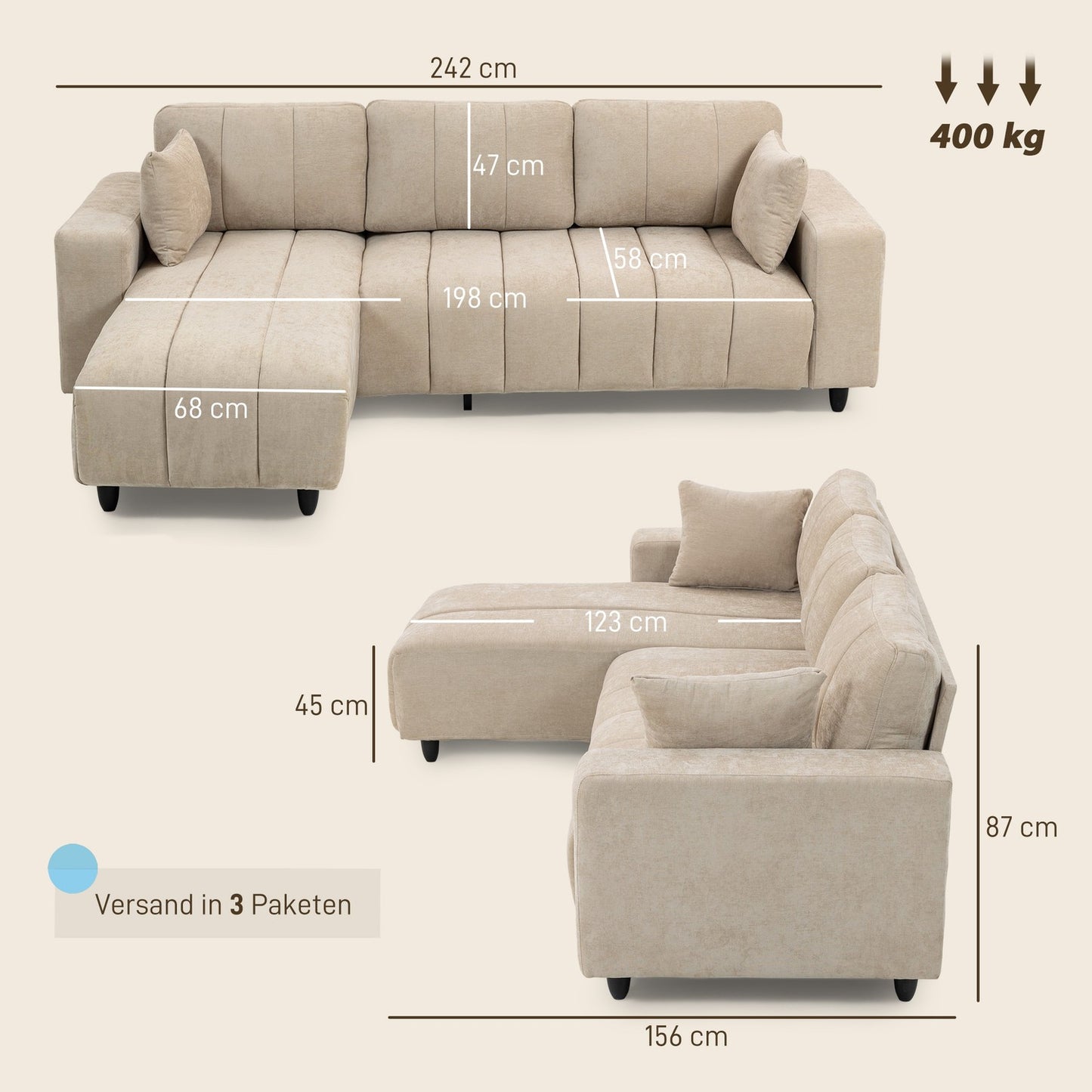 L-Shaped Sectional Sofa, Beige, 3-Seater with Chaise and Cushions