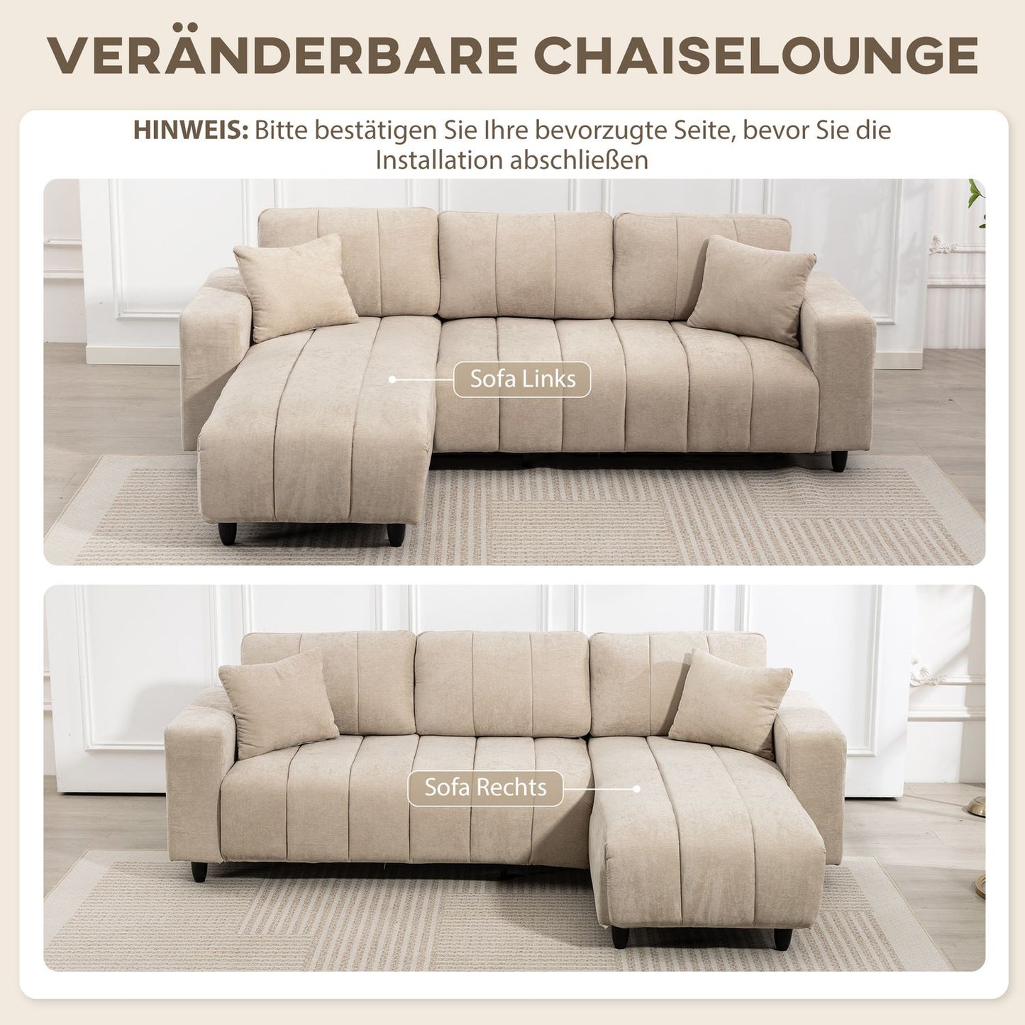 L-Shaped Sectional Sofa, Beige, 3-Seater with Chaise and Cushions