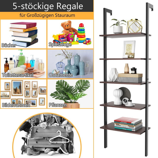 Ladder Shelf 5 Tier Display Shelf with Metal Frame Plant Stand Brown