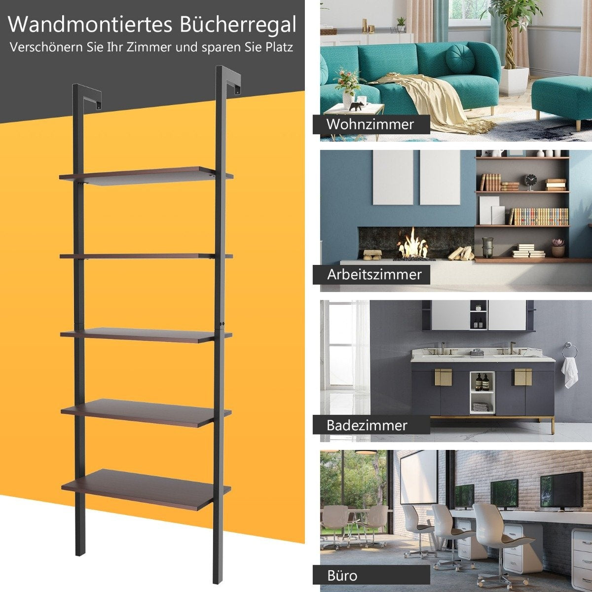 Ladder Shelf 5 Tier Display Shelf with Metal Frame Plant Stand Brown