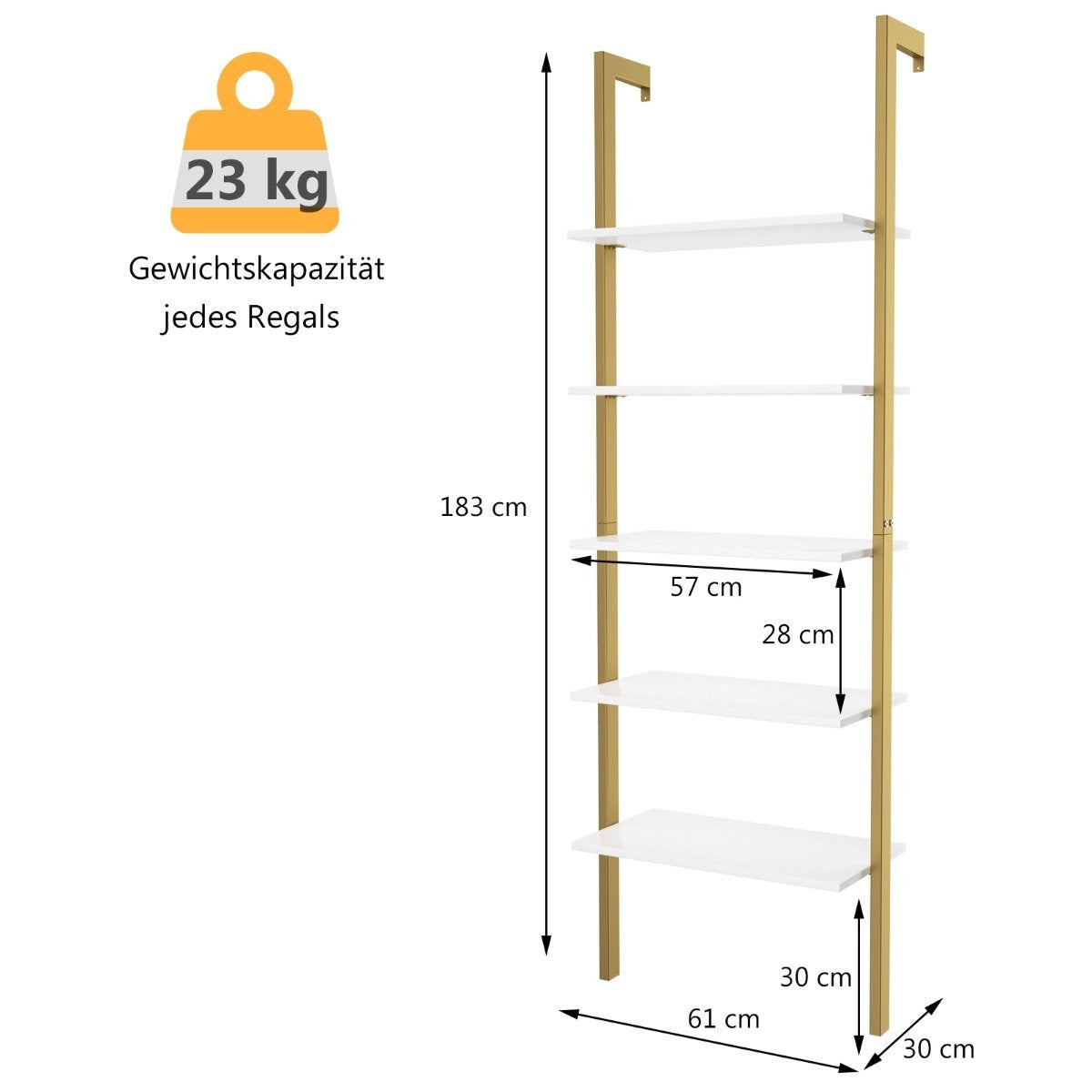 Ladder Shelf with 5 Levels & Metal Frame Standing Shelf Bookcase 61 x 30 x 183 cm Golden
