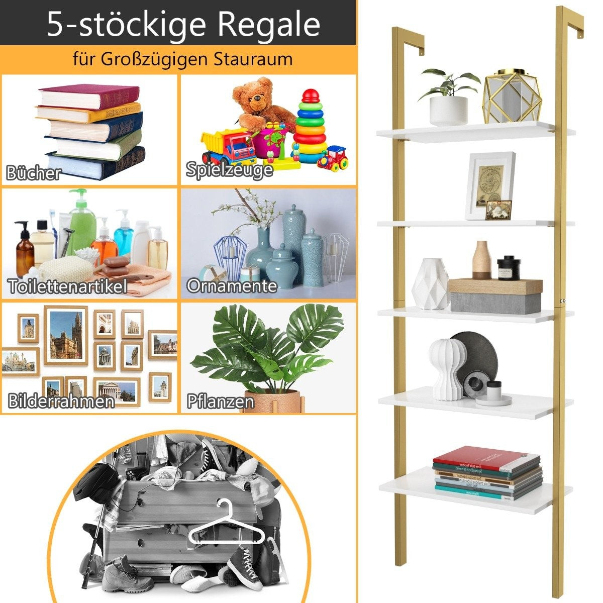 Ladder Shelf with 5 Levels & Metal Frame Standing Shelf Bookcase 61 x 30 x 183 cm Golden