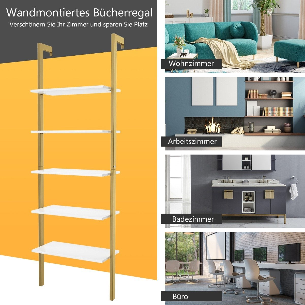 Ladder Shelf with 5 Levels & Metal Frame Standing Shelf Bookcase 61 x 30 x 183 cm Golden