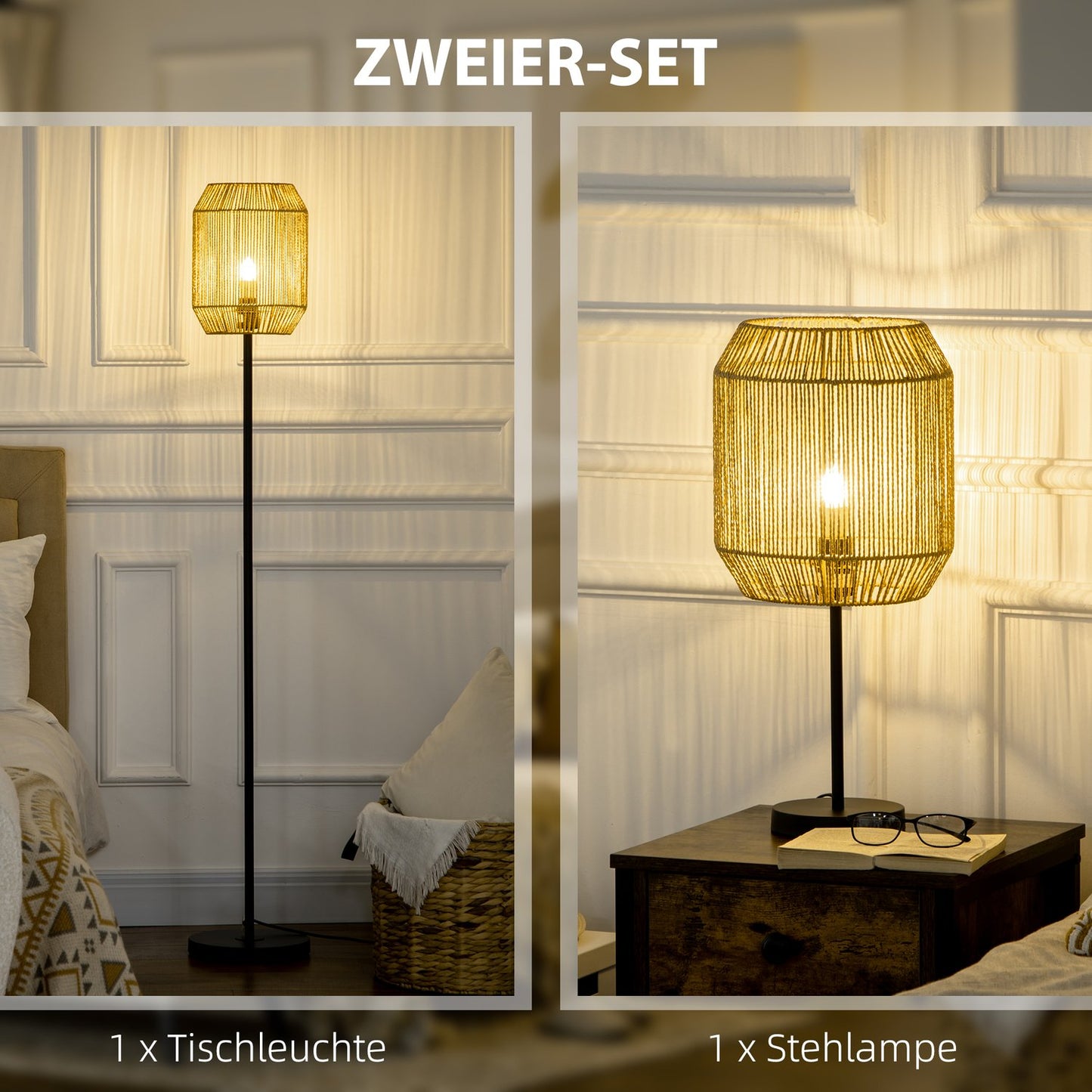 Lamp set of 2 - floor and table, E27 base, linen shade