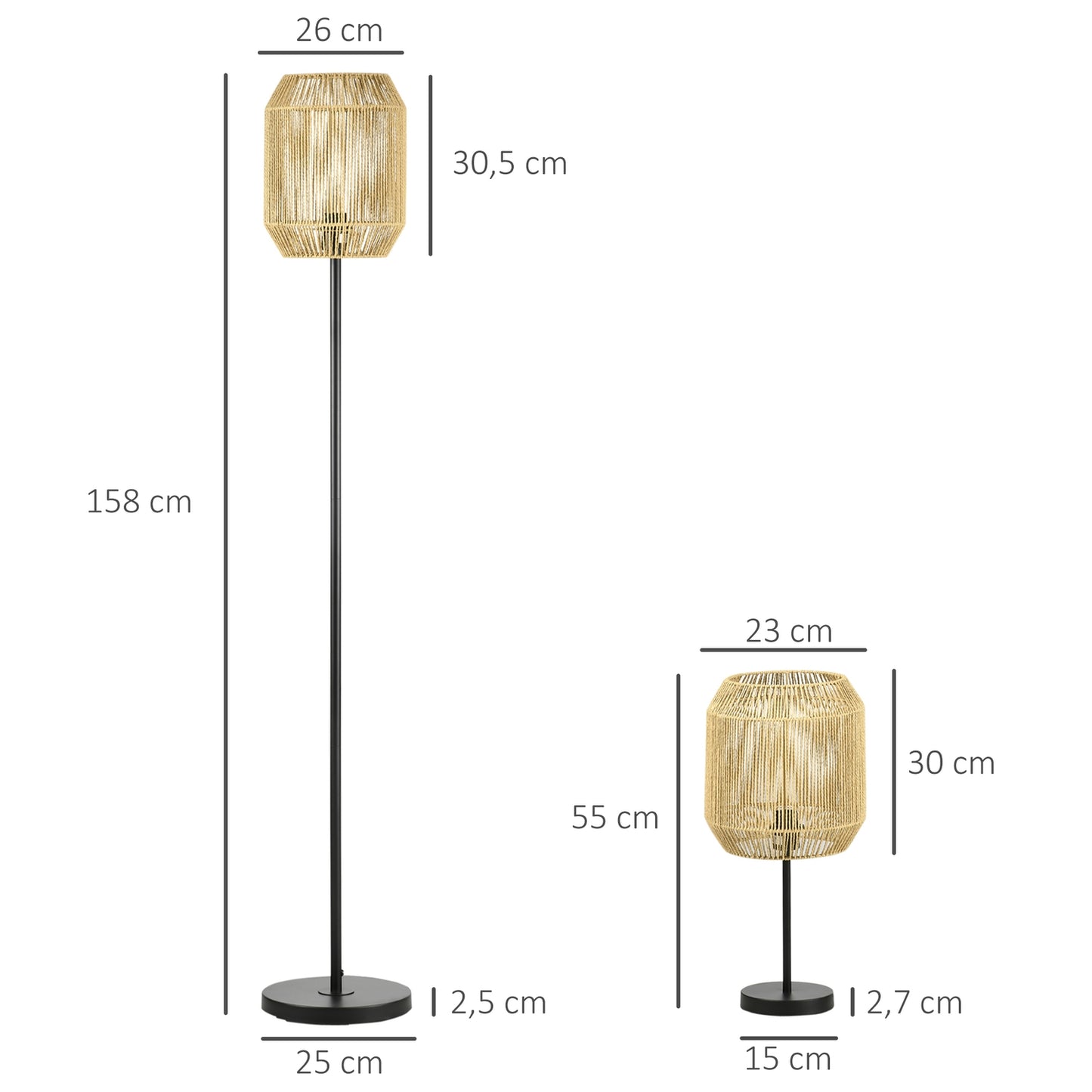 Lamp set of 2 - floor and table, E27 base, linen shade